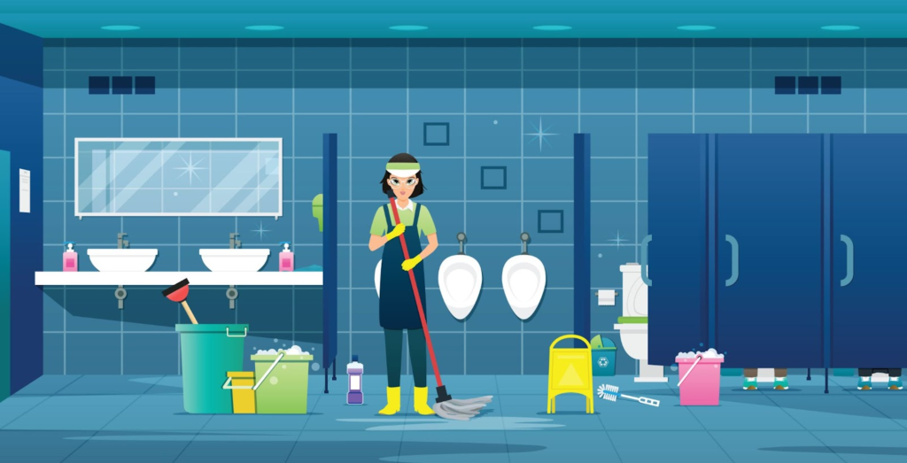 Drawn picture of a restaurant cleaner cleaning the bathroom complete with cleaning materials