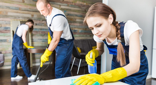 A team of cleaners with gloves, disinfectant spray and vacuum cleaning an apartment
