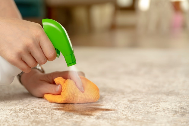 A spray cleaner being used to clean a surface along with a cloth